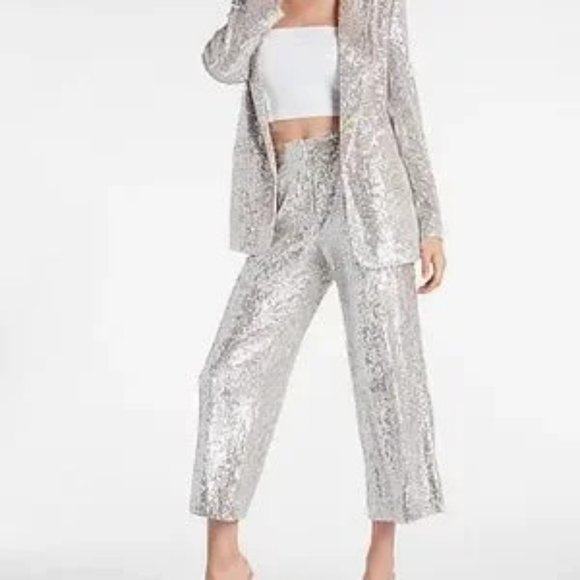 Express High Waisted Sequin Pleated Cropped Trouser NWT - Picture 2 of 4